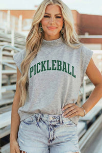 Light Grey PICKLEBALL Lettering Mock Neck Short Sleeve Top