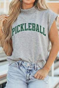 Women's Light Grey Mock Neck Short Sleeve Top with Pickleball Graphic - Trendy Activewear for Sporty Casual Styles