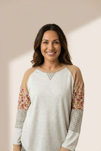 Women's Light Grey Patchwork Raglan Pullover with Floral Accents