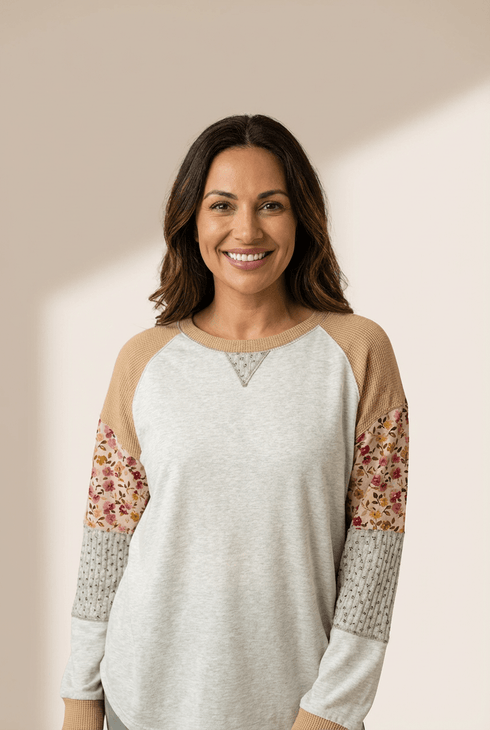 Women's Light Grey Patchwork Raglan Pullover with Floral Accents