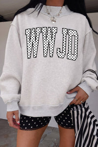 Women's Light Grey Polka Dot Mock Neck Sweatshirt with Wwjd Slogan