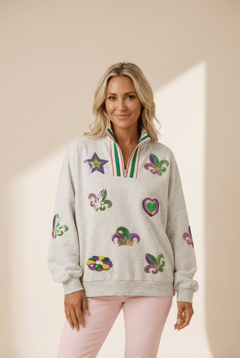 Women's Light Grey Striped Zip Neck Sweatshirt with Sequin Mardi Gras Patch - Trendy Casual Style for Effortless Chic