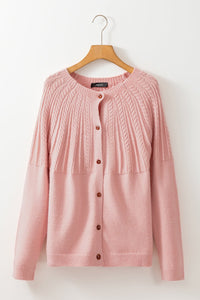Light Pink Solid Color Textured Detail Button Down Long Sleeve Sweater Cardigan