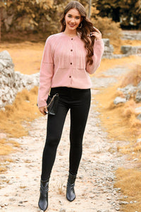 Light Pink Solid Color Textured Detail Button Down Long Sleeve Sweater Cardigan