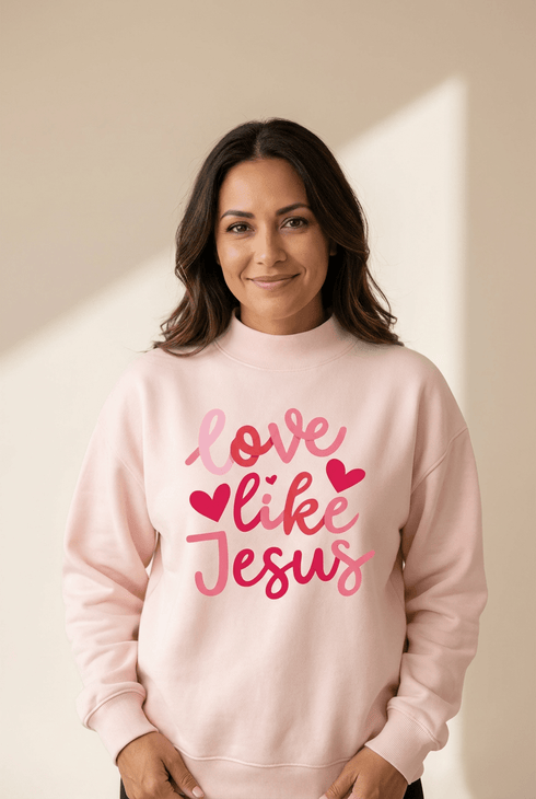 Women's Light Pink "Love Like Jesus" Mock Neck Valentine's Day Sweatshirt - Cozy, Stylish, Perfect for Celebrating Love