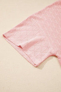 Light Pink Pointelle Rhombus Knit Plus Size V Neck Loose Top