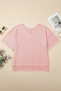 Light Pink Pointelle Rhombus Knit Plus Size V Neck Loose Top