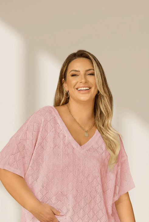 Women's Light Pink Pointelle Plus Size V-Neck Top
