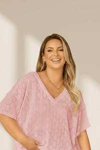 Women's Light Pink Pointelle Plus Size V-Neck Top