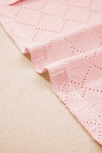 Light Pink Pointelle Rhombus Knit Plus Size V Neck Loose Top