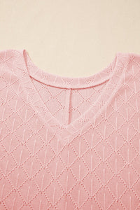 Light Pink Pointelle Rhombus Knit Plus Size V Neck Loose Top