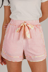 Light Pink Striped Shorts with Floral Trim & Ribbon Knot
