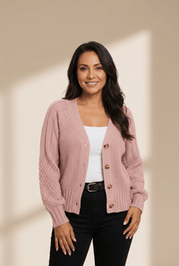 Women's Light Pink Textured Knit V-Neck Cardigan Sweater