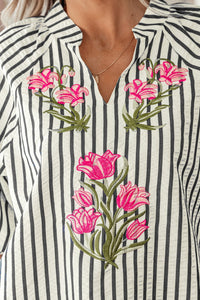 Blue Stripe Floral Embroidered Detail V Neck Short Sleeve Blouse