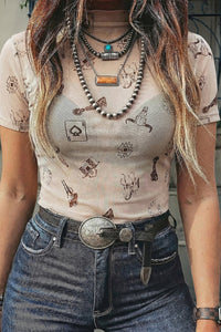 
Women's Lightweight Oatmeal Western Print Mesh Top - Boho Chic Short Sleeve Style for Breathable Summer Comfort