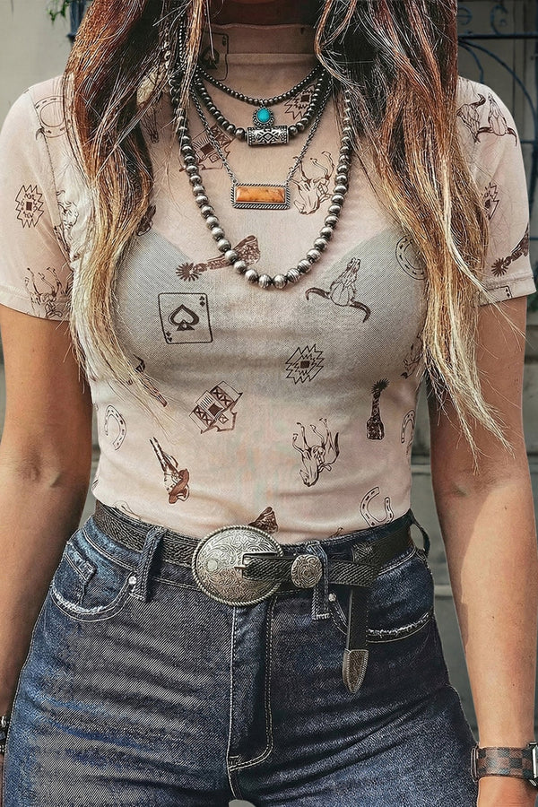 Women's Lightweight Oatmeal Western Print Mesh Top - Boho Chic Short Sleeve Style for Breathable Summer Comfort