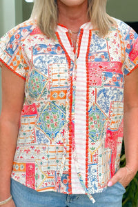Women's Sunshine Mosaic Tie-Neck Blouse with Pom-Pom Trim