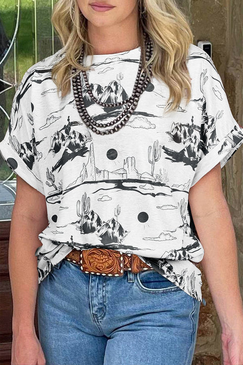 Women's Desert Print Short Sleeve Knit Top - Western Chic
