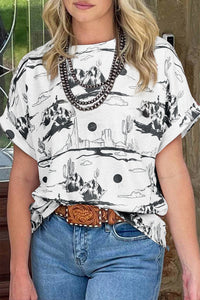 Women's Desert Print Short Sleeve Knit Top - Western Chic