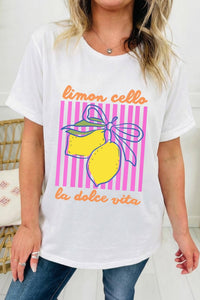 Women's Limon Cello La Dolce Vita Striped Graphic Tee - Casual Chic White Top with Relaxed Fit