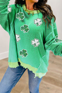 
Women's Kelly Green Ribbed Sequin Clover Pullover