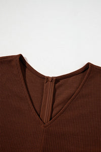 Coffee Solid Color Knit V Neck Zipped Loose Romper