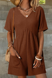 Women's Loose Fit Coffee Knit V-Neck Zipped Romper - Casual Jumpsuit for Effortless Comfort and Chic Style