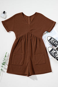 Coffee Solid Color Knit V Neck Zipped Loose Romper