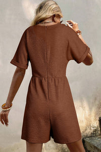 Coffee Solid Color Knit V Neck Zipped Loose Romper