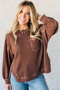 Coffee Thermal Textured Exposed Seam Patchwork Loose Long Sleeve Top