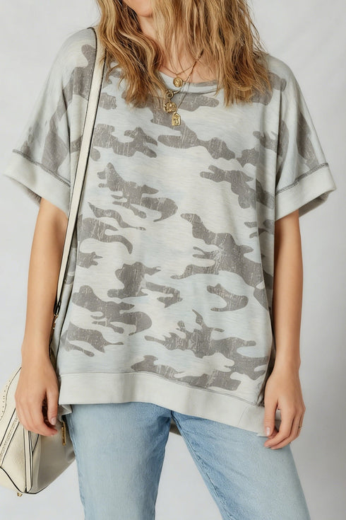 Women's Camo Print Short Sleeve Sweatshirt with Exposed Seams