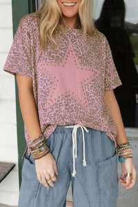 Women's Loose Pink Leopard Print Tee with Retro Studded Star Patches - Effortless Chic Casual Top for Stylish Days