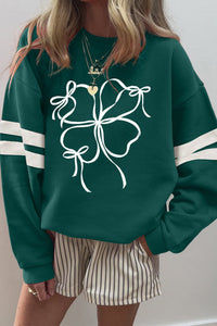 Women's Evergreen Ribbon Bow Clover Sweatshirt with Varsity Stripes