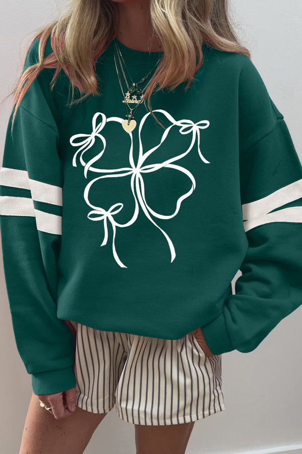 Women's Evergreen Ribbon Bow Clover Sweatshirt with Varsity Stripes