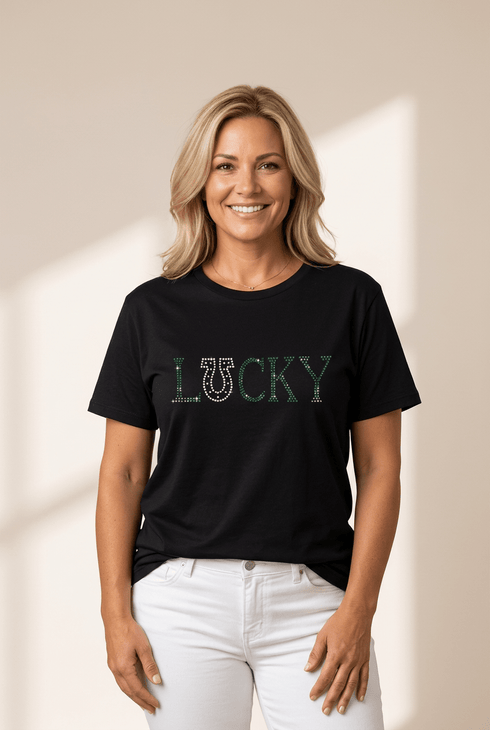 Women's LUCKY Horseshoe Rhinestone Graphic Tee in Black