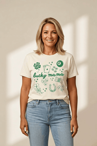 Women's Lucky Mama Graphic Tee: Cream Cotton-Blend Top
