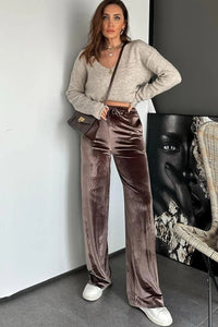 Goat Shiny Velvet Drawstring High Waist Straight Leg Casual Pants