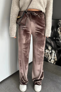 Goat Shiny Velvet Drawstring High Waist Straight Leg Casual Pants
