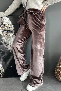 Goat Shiny Velvet Drawstring High Waist Straight Leg Casual Pants