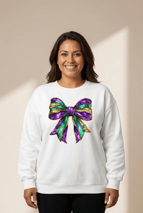 Women's Mardi Gras Glitter Bow Crewneck Sweatshirt