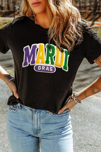 Black MARDI GRAS Faux Yarn Letter Printed T Shirt