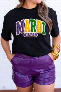Black MARDI GRAS Faux Yarn Letter Printed T Shirt