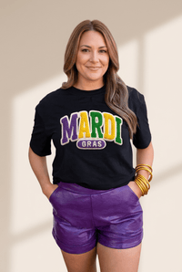 Women's Mardi Gras Graphic Tee with Textured Faux-Yarn Print