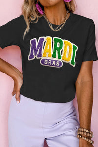 Black MARDI GRAS Faux Yarn Letter Printed T Shirt