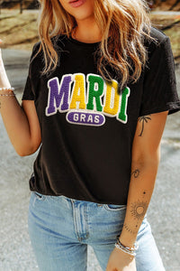 Black MARDI GRAS Faux Yarn Letter Printed T Shirt