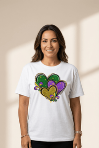 Women's Mardi Gras Heart Graphic T-Shirt with Fleur de Lis Detail