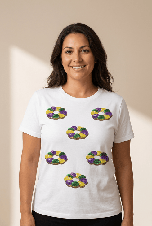 Women's Mardi Gras King Cake Sequin Graphic Tee in White
