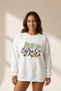 Women's Mardi Gras Ribbed Pullover Sweatshirt in Crisp White