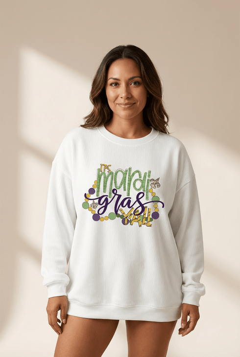 Women's Mardi Gras Ribbed Pullover Sweatshirt in Crisp White