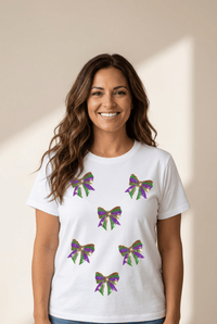 Women's Mardi Gras Sequin Bow Graphic Crew Neck Cotton Tee